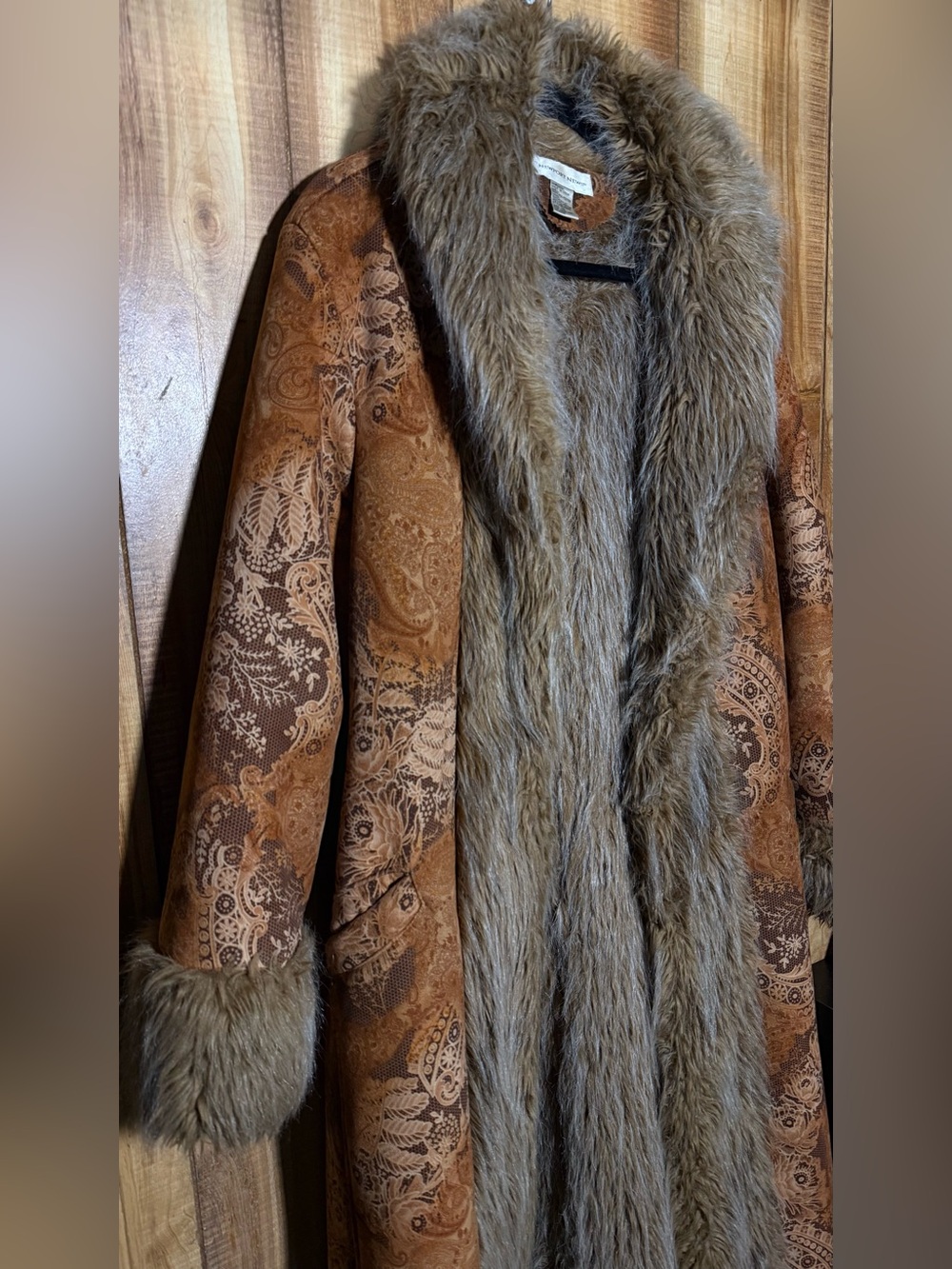 Newport News Brown Paisley Teddy Coat with Faux Fur Trim - Picture 11 of 14